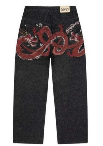 SCHYZE Jeans Straight-Leg Cherry Blossom Embroidered — Red Dragon Embroidered Jeans