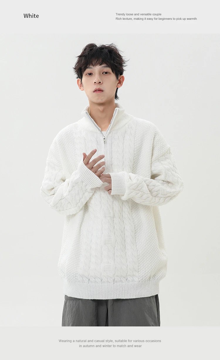 Cable Knit Half-Zip Turtleneck Sweater White - 23