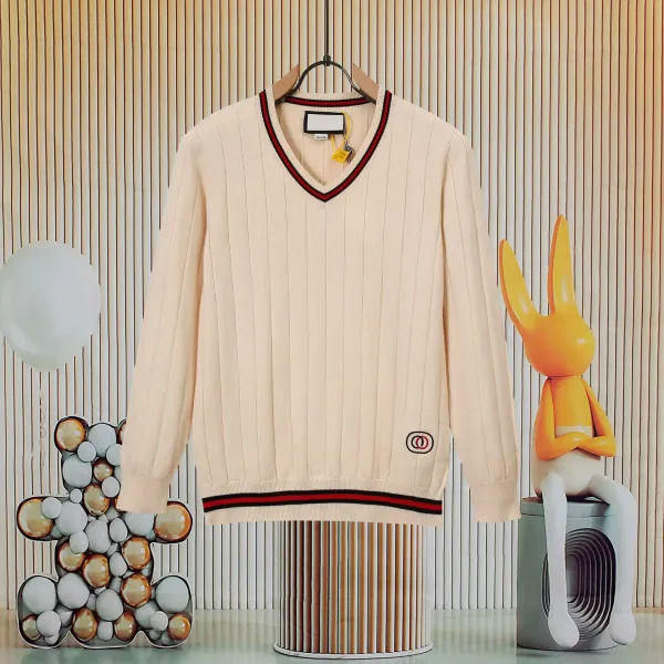 Gucci V-Neck Ribbed Sweater Beige with Red-Green Trim - 1