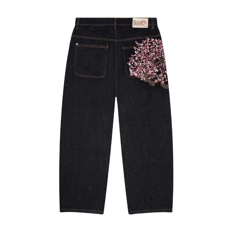 SCHYZE Jeans Straight-Leg Cherry Blossom Embroidered — Black (In Stock)