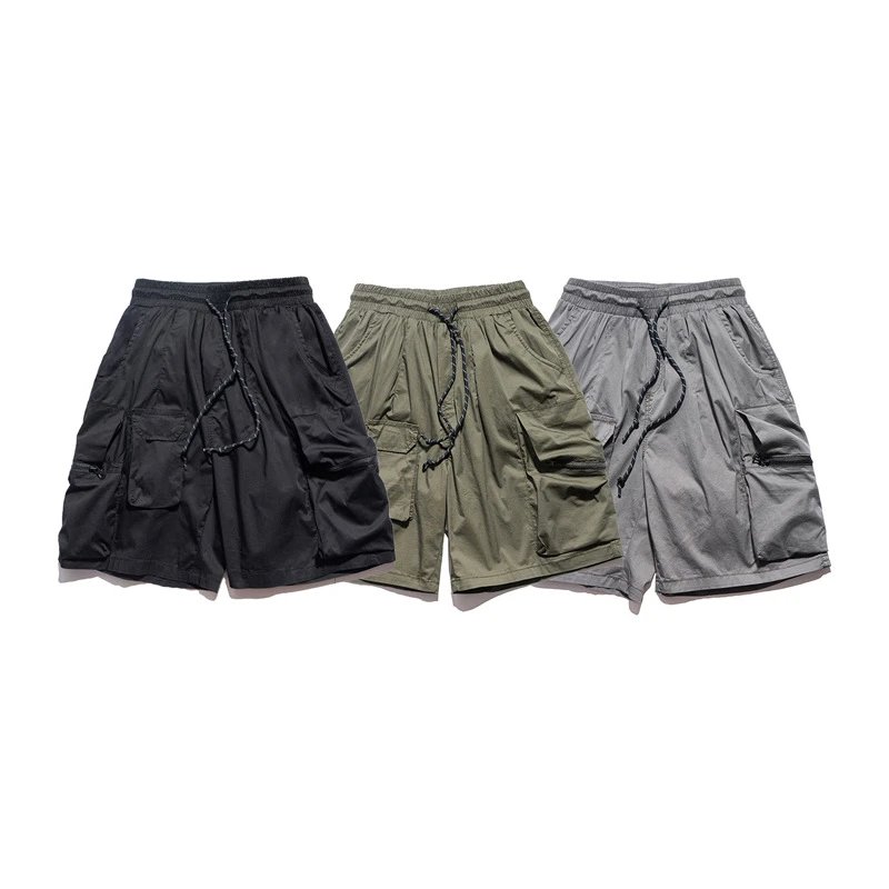 Black olive gray cargo shorts with drawstring waist and side pockets