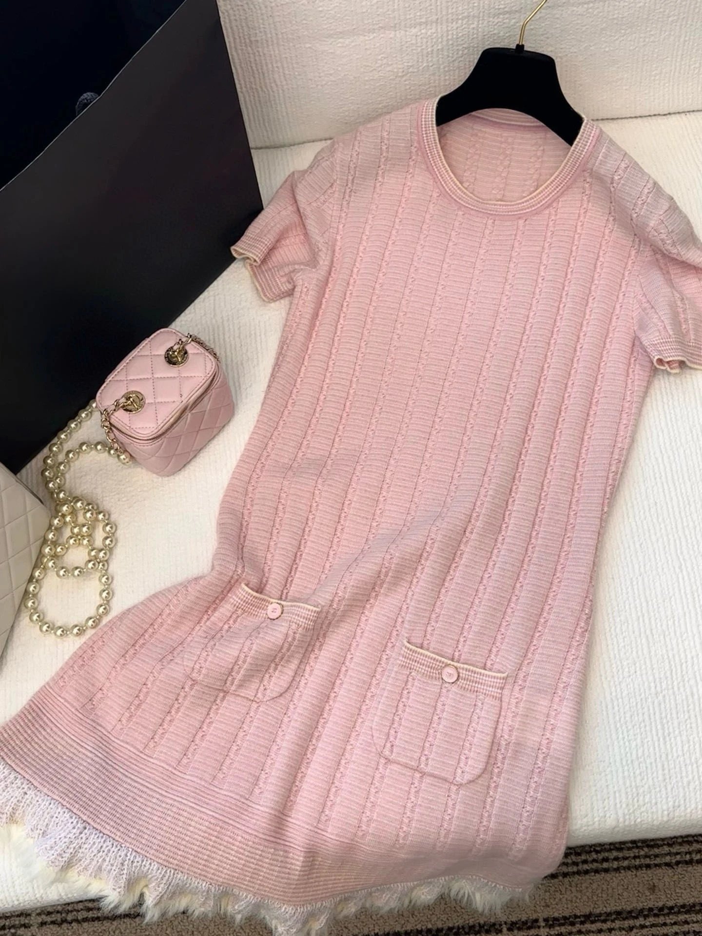 Unbranded Dresses Cable-Knit Short-Sleeve Dress with Contrast Trim, Patch Pockets and Fringe Hem — Pink Dress