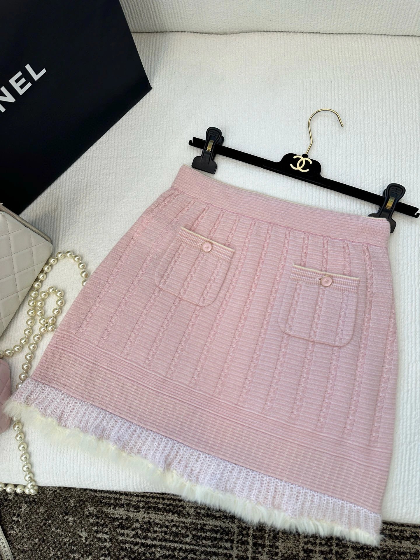 Unbranded Dresses Cable-Knit Short-Sleeve Dress with Contrast Trim, Patch Pockets and Fringe Hem — Pink Skirt