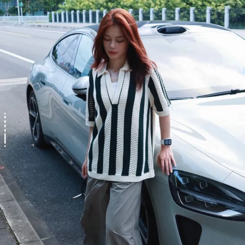 Design Knit Striped Polo in Navy and Cream - 9