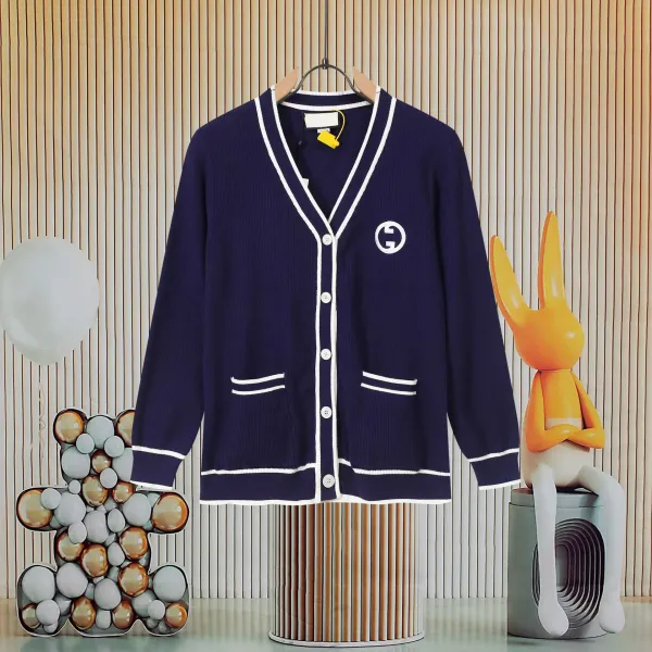 Gucci GG Logo Ribbed Knit Cardigan Navy - 1