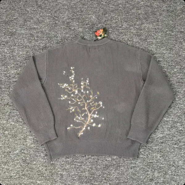 Design Embroidered Cherry Blossom Ribbed Knit Sweater Gray - 1