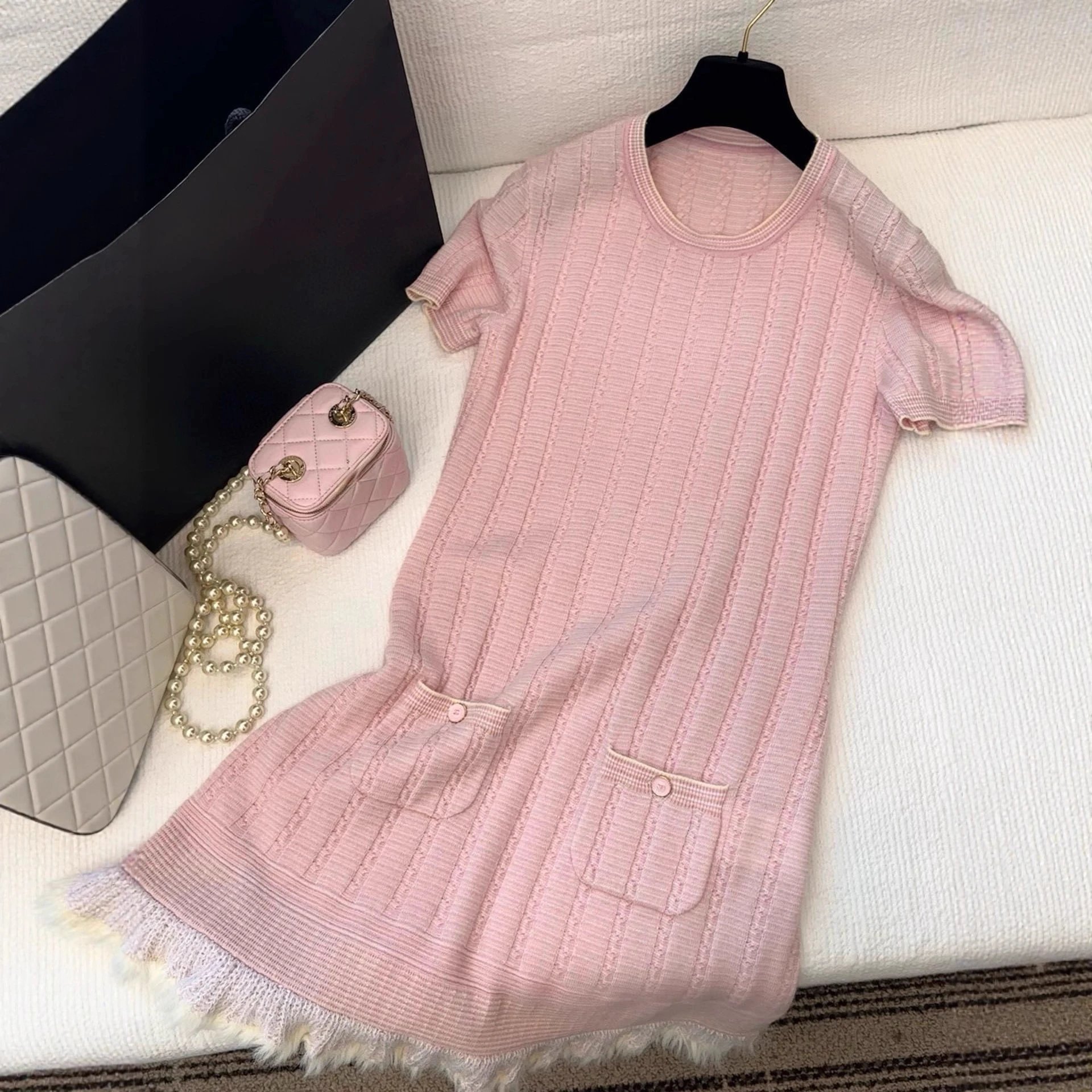 Unbranded Dresses Cable-Knit Short-Sleeve Dress with Contrast Trim, Patch Pockets and Fringe Hem image 2