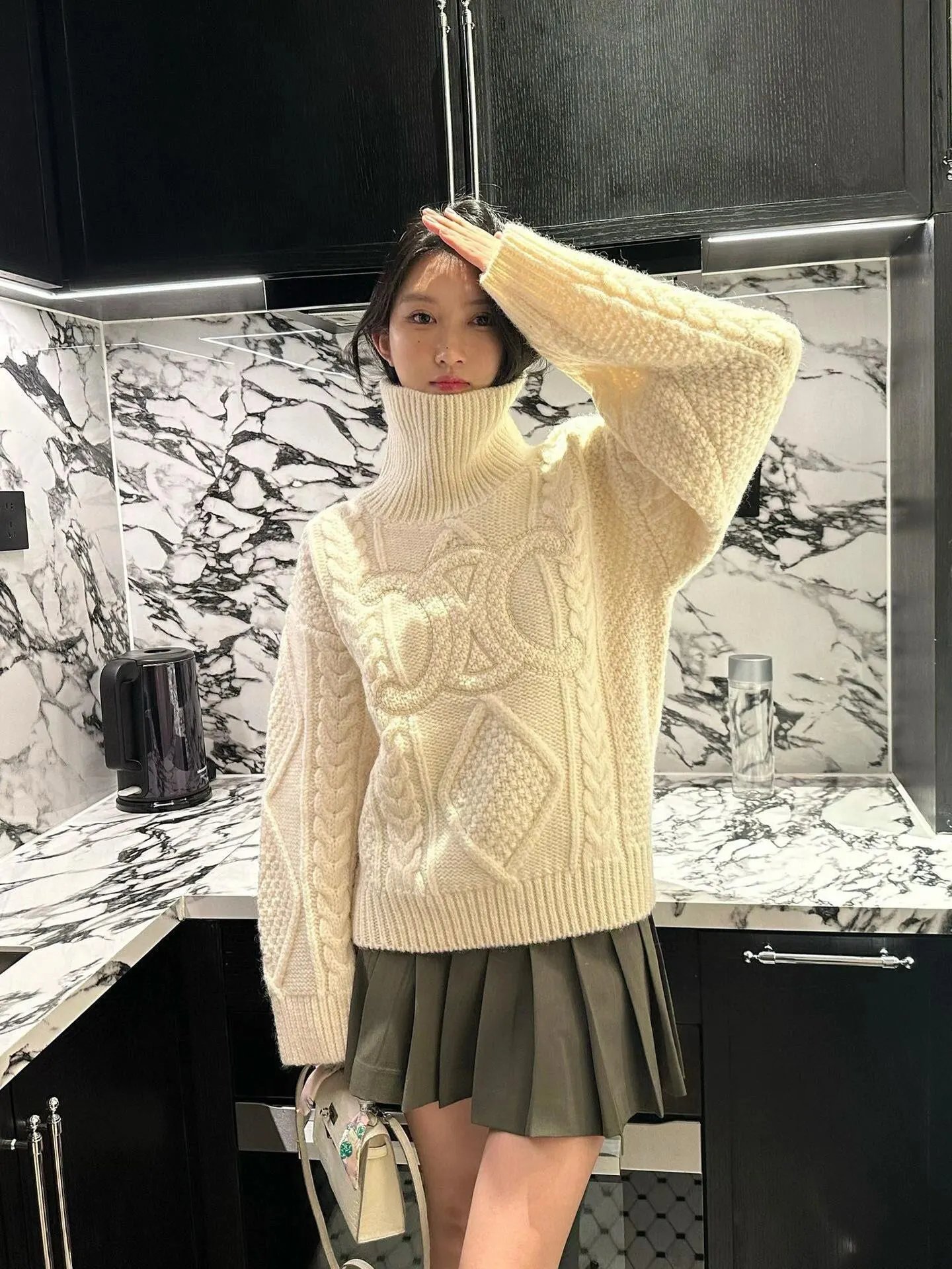 Celine Knitwear Cable-Knit Zip-Up Cardigan with Triomphe Motif — Turtleneck crochet sweater