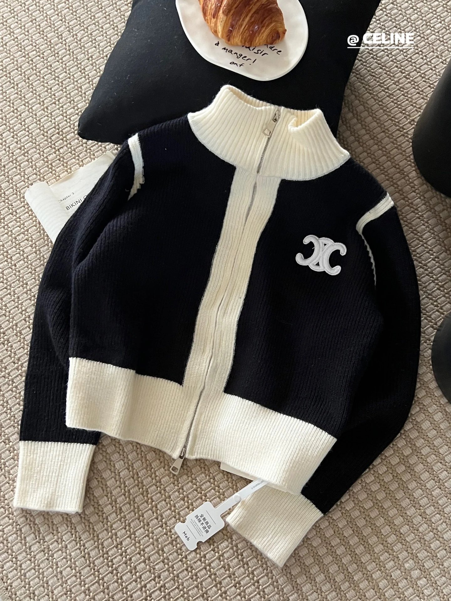 Celine Knitwear Cable-Knit Zip-Up Cardigan with Triomphe Motif — Black patchwork cardigan