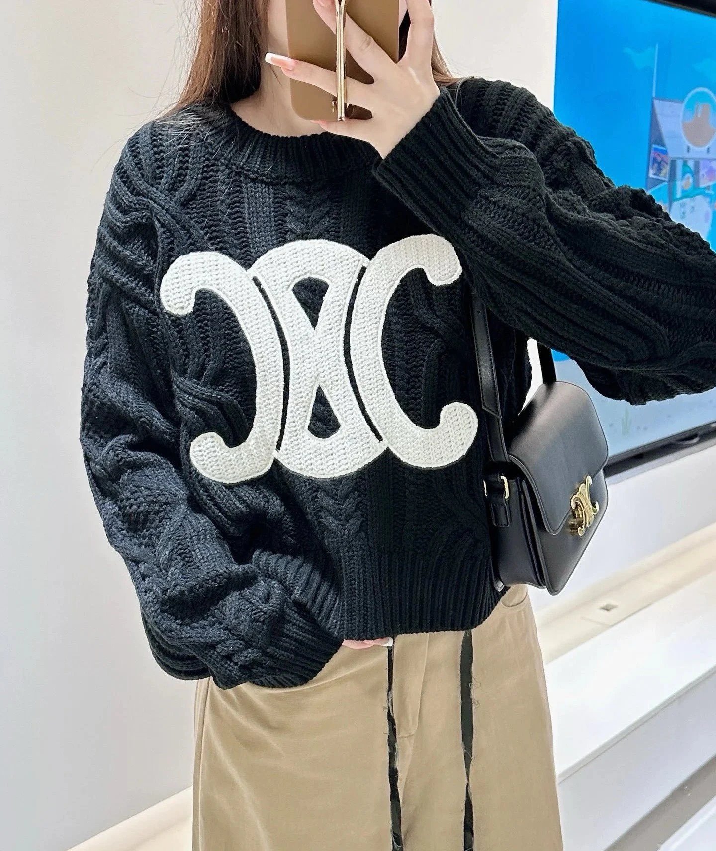 Celine Knitwear Cable-Knit Zip-Up Cardigan with Triomphe Motif — Big logo Pullover Sweater Black