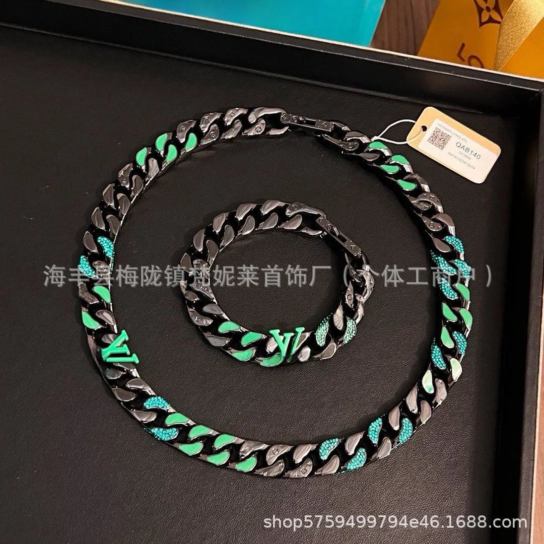 Louis Vuitton Monogram Chain Links Necklace and Bracelet Set Metal Strass Black Green