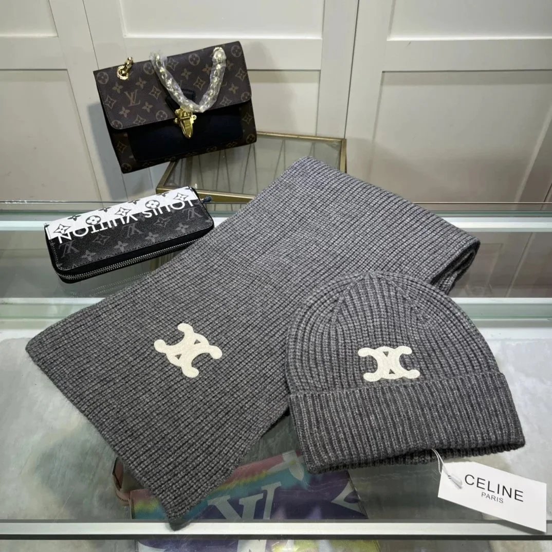 Celine Celine Grey & Cream Knit Scarf and Beanie Set Grey