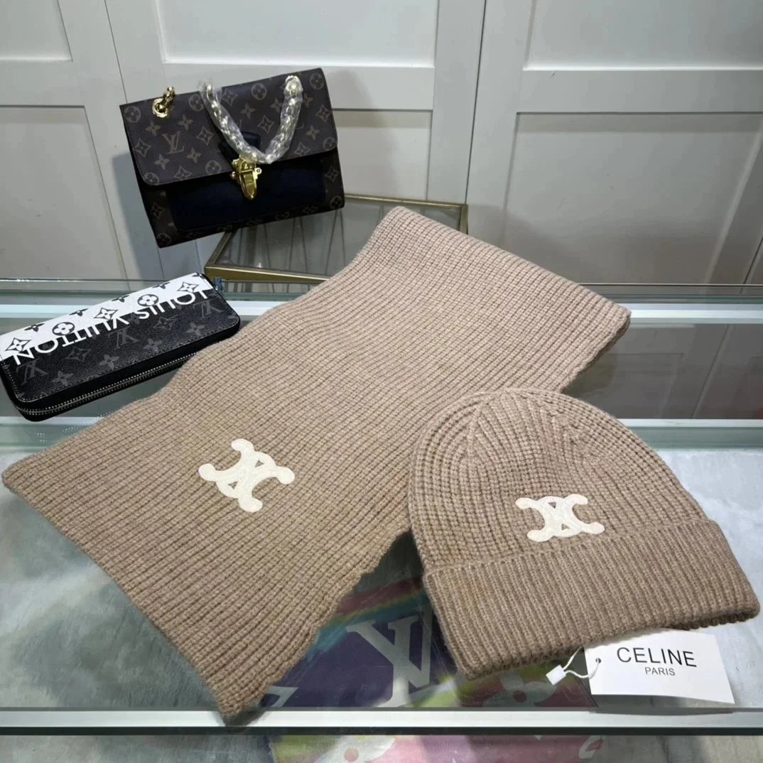 Celine Celine Beige Scarf and Beanie Set Beige