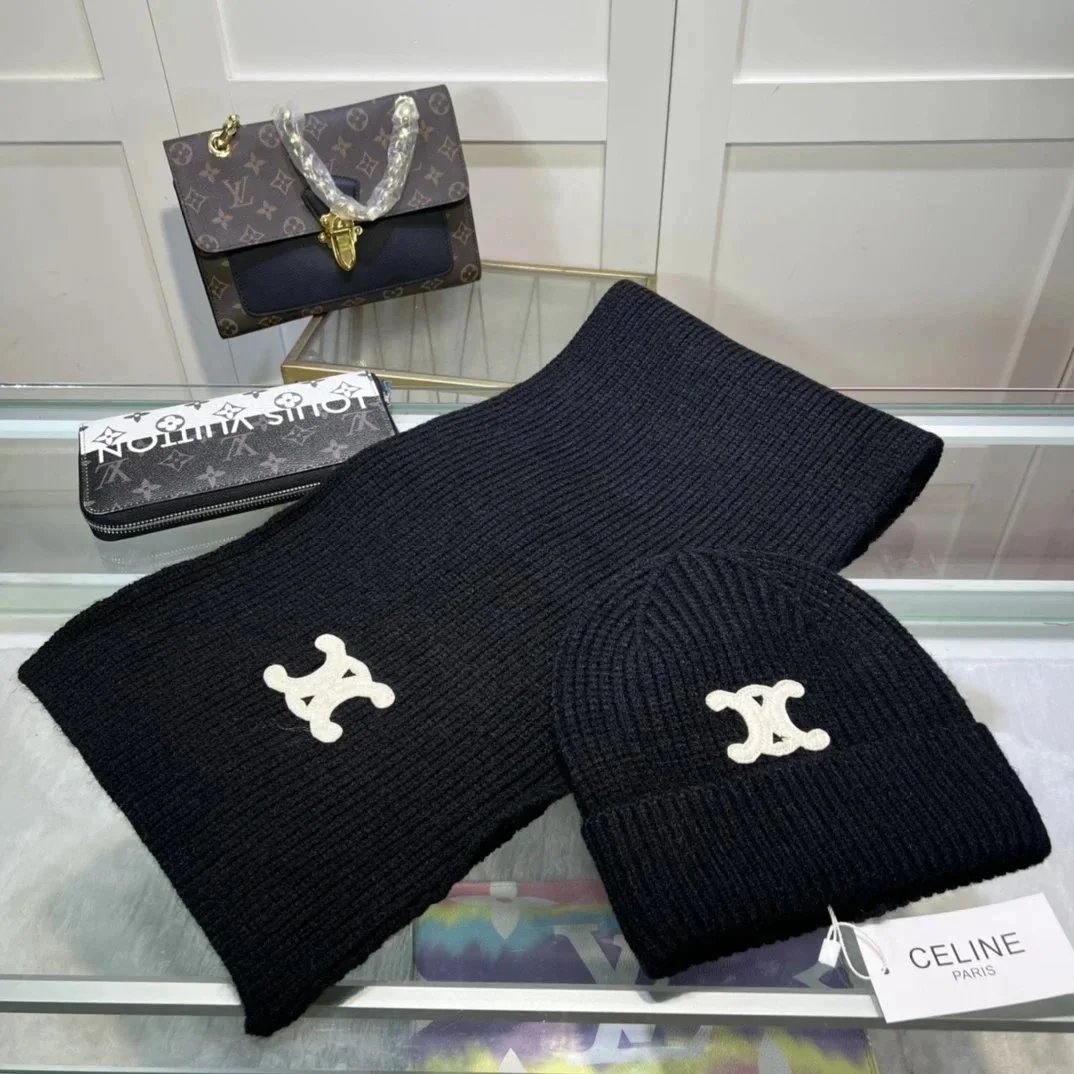 Celine Celine Paris Black & White Scarf and Beanie Set Black