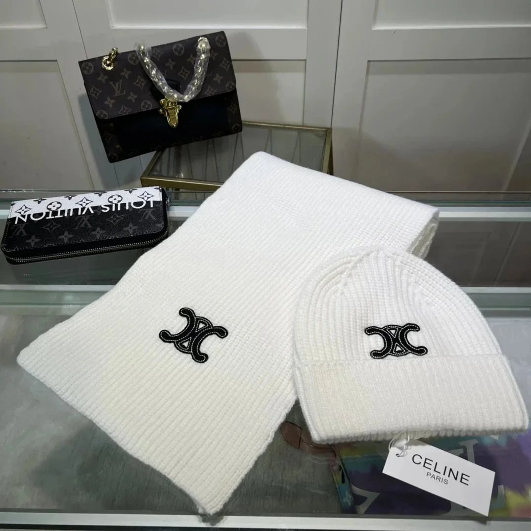 Celine Celine White Cashmere Scarf and Beanie Set White