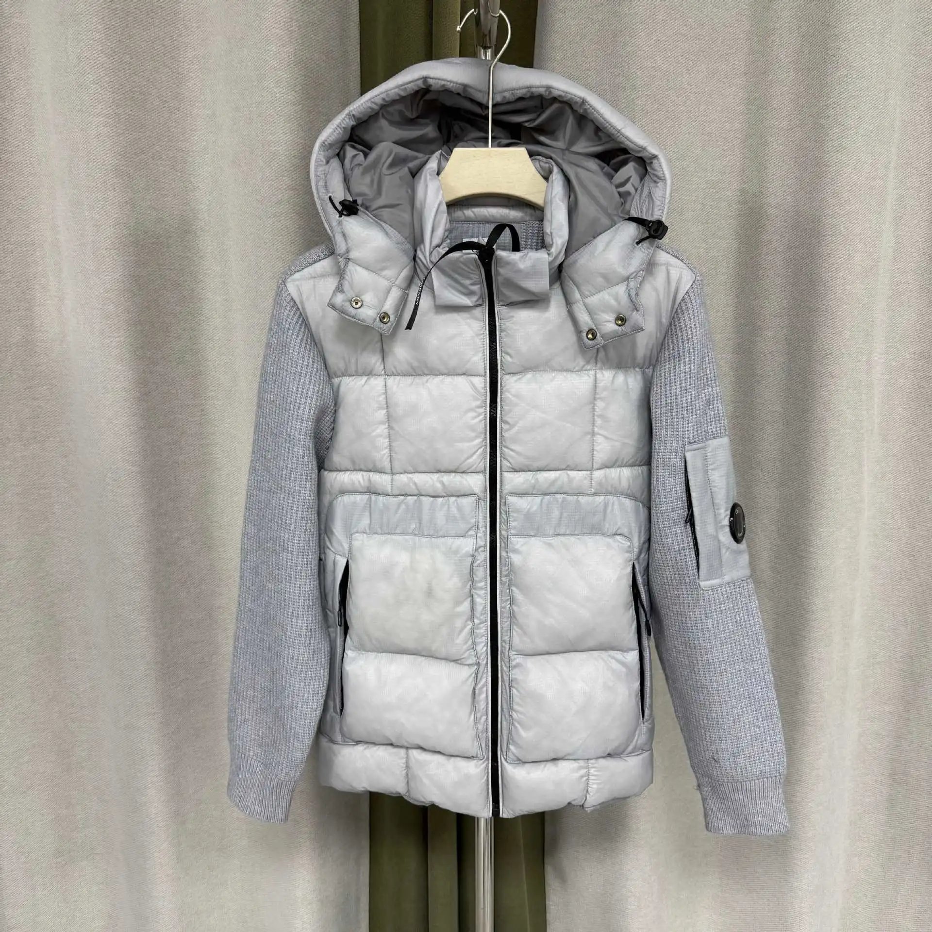 C.P. Company Puffer Jacket Knit Sleeve Hooded Lens Grey