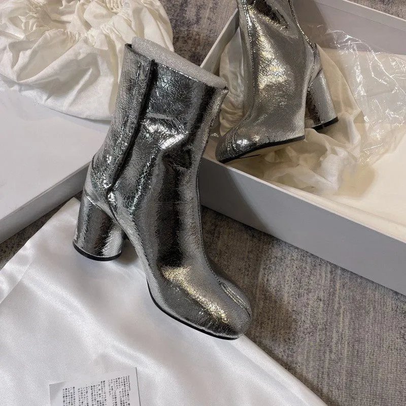 Real Leather High Heel Tabi Split Toe Crackle Boot Silver photo 4