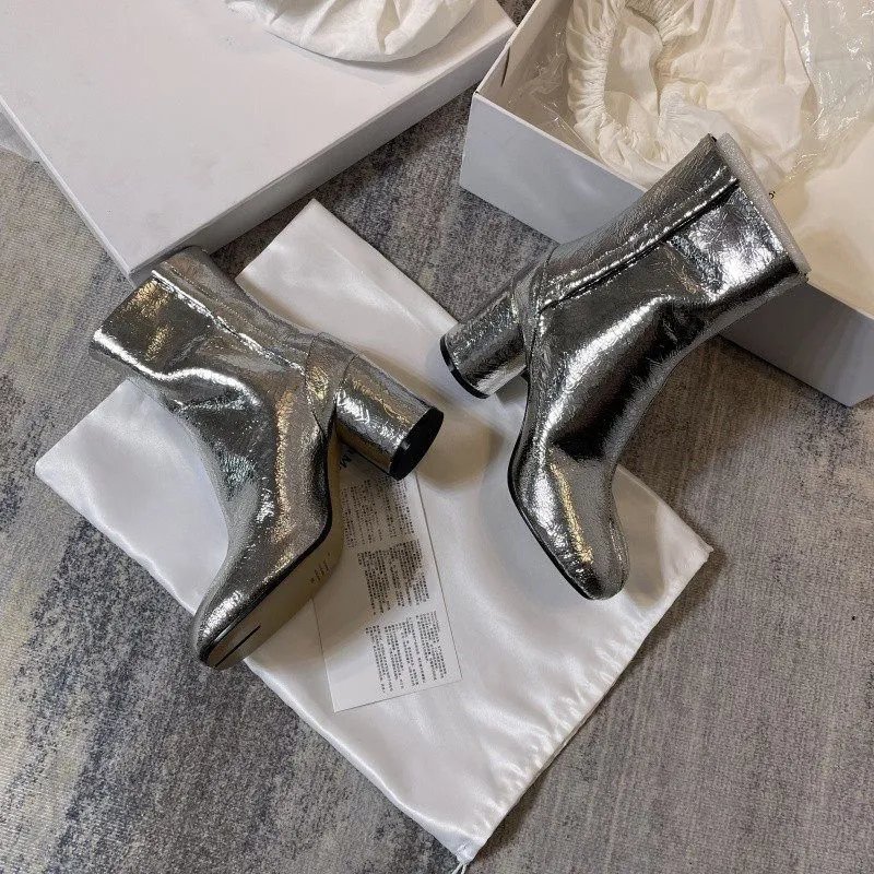 Real Leather High Heel Tabi Split Toe Crackle Boot Silver photo 6