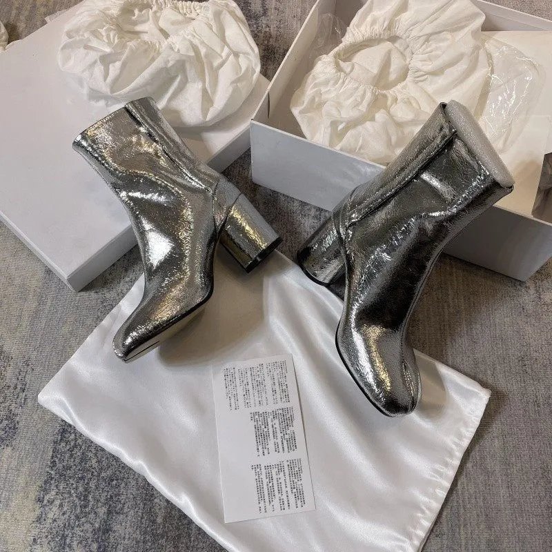 Real Leather High Heel Tabi Split Toe Crackle Boot Silver photo 8