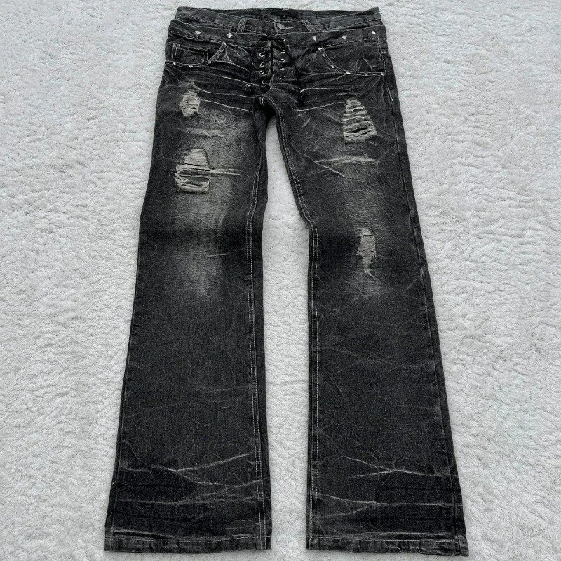 Gothic retro double waisted lace up micro flared jeans for men and women Y2K street washed distressed pants with unique personality