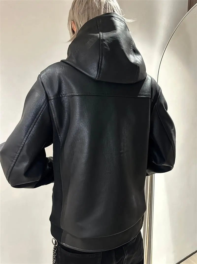 L.G.B00s Dark Knight Biker Hooded Leather Jacket photo 7