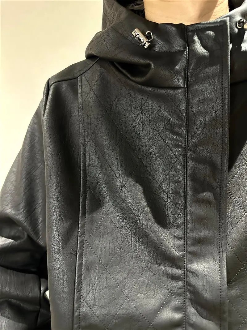 L.G.B00s Dark Knight Biker Hooded Leather Jacket photo 8