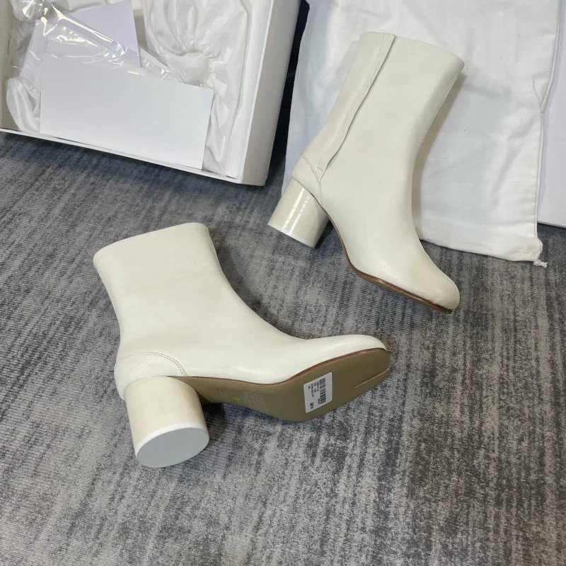 Cream Leather High Heel Tabi Split Toe Boot photo 4