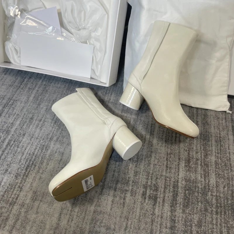 Cream Leather High Heel Tabi Split Toe Boot photo 5