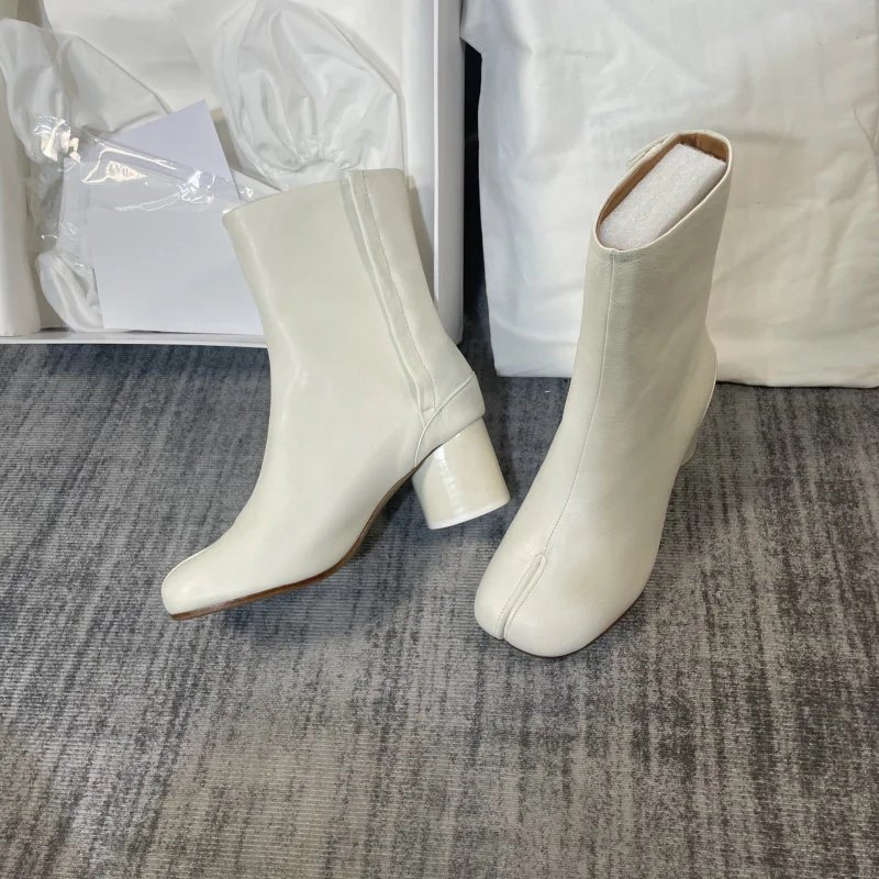 Cream Leather High Heel Tabi Split Toe Boot photo 3