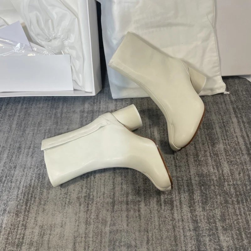 Cream Leather High Heel Tabi Split Toe Boot photo 6