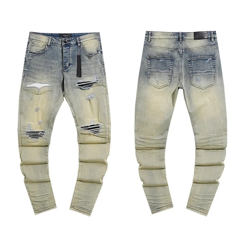 Heavy craft washed ripped high street embroidered men's and women's small leg jeans