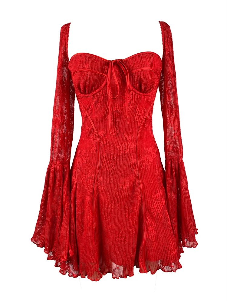 Beige Floral Lace Corset Dress with Bell Sleeves