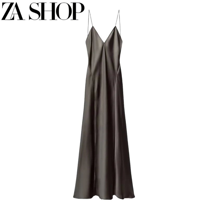 Black Satin Maxi Slip Dress with Thin Straps