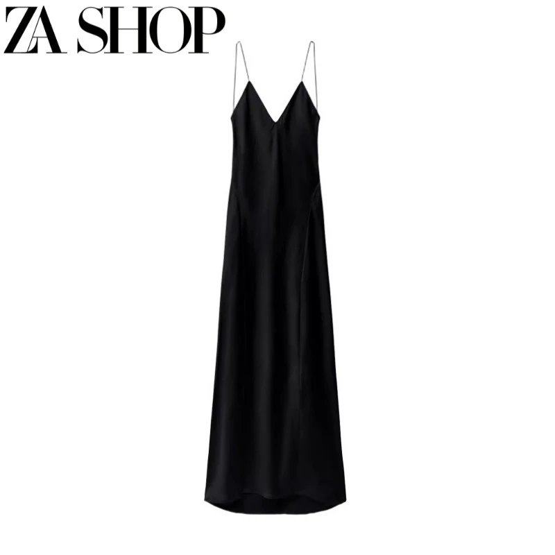 Black Satin Maxi Slip Dress with Thin Straps