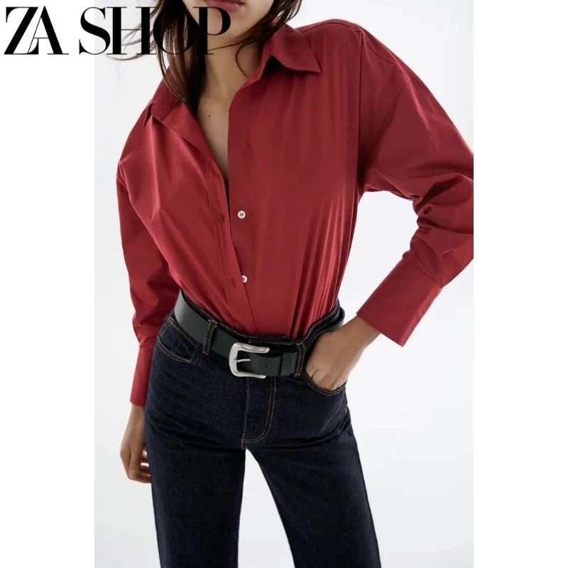 ZA SHOP Oversized Red Button-Down Shirt