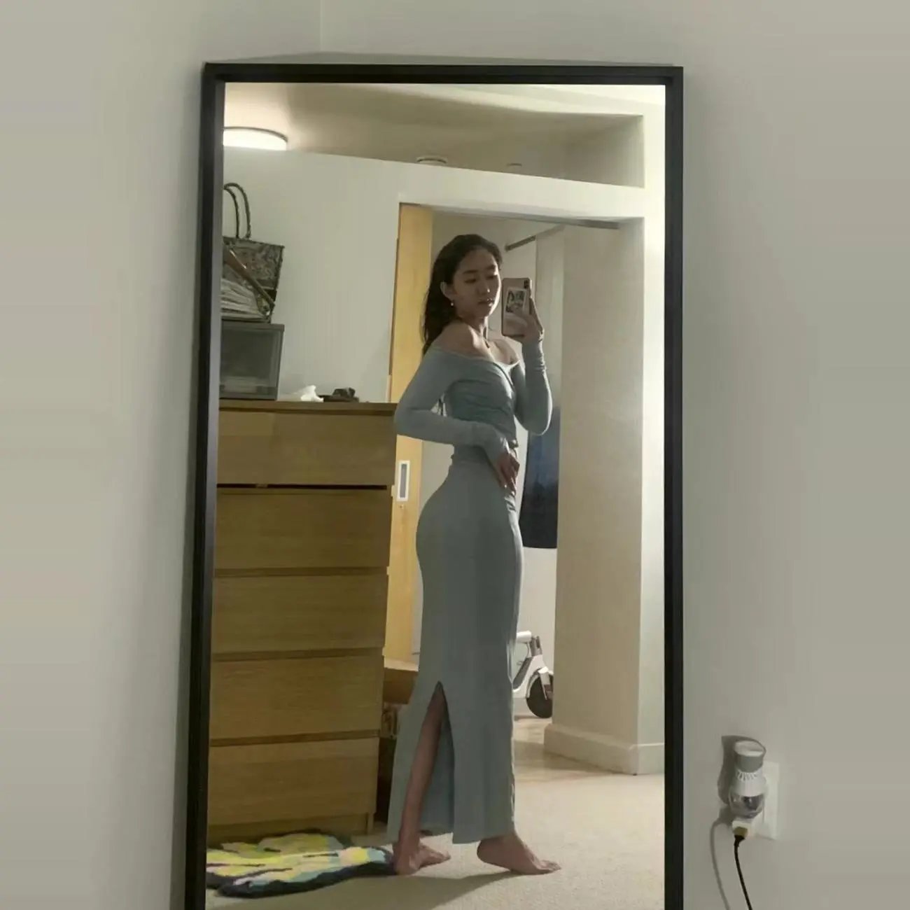 Light Blue Off-the-Shoulder Long-Sleeve Maxi Dress with Slit