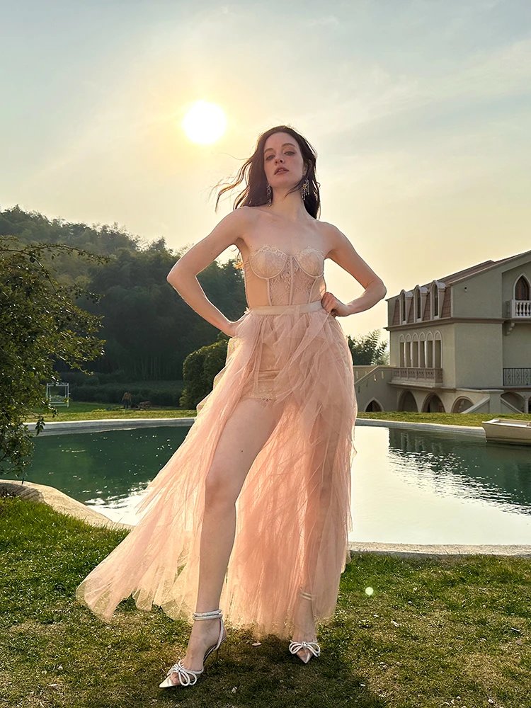 Blush Pink Corset Tulle Maxi Dress