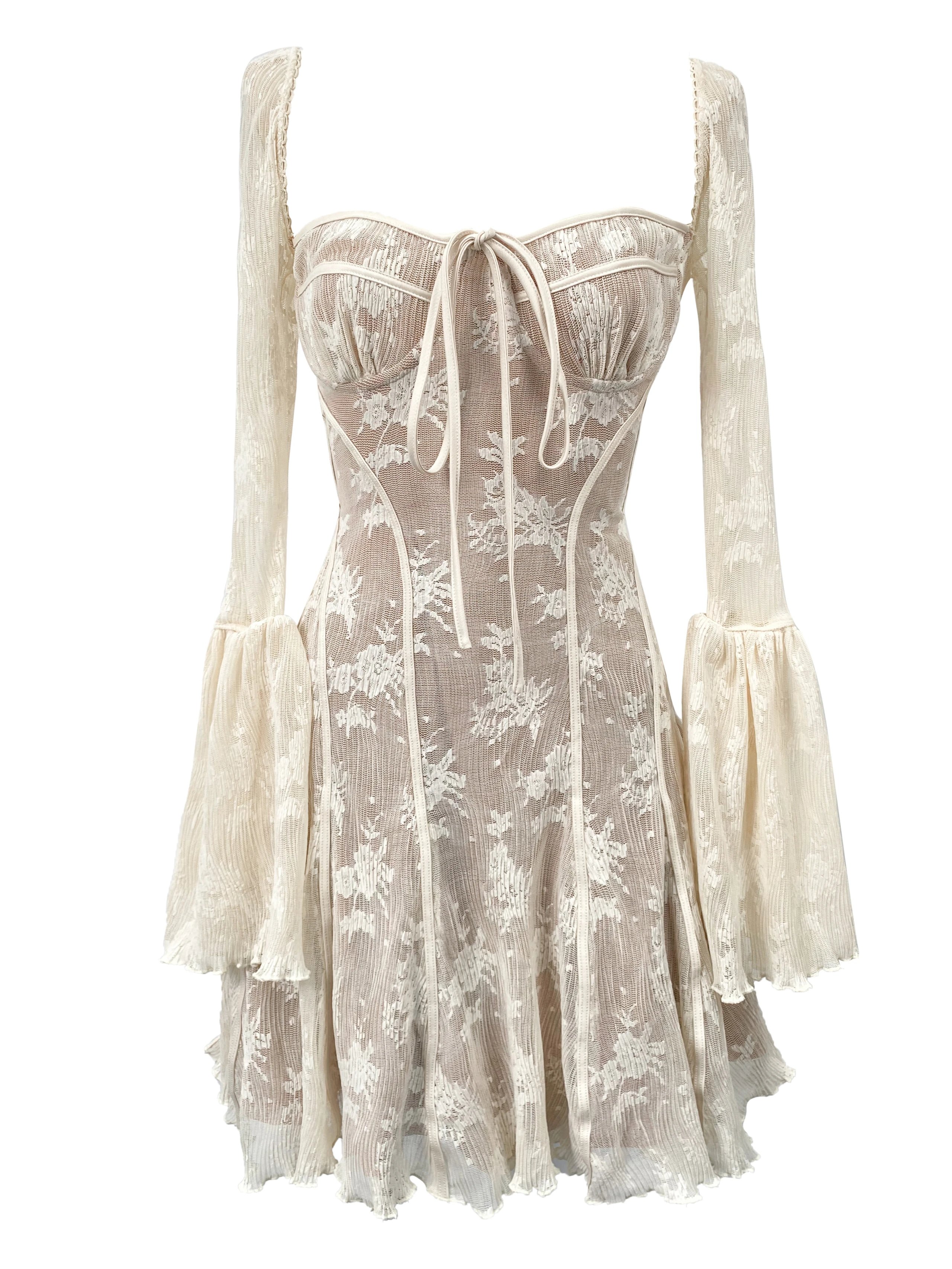Beige Floral Lace Corset Dress with Bell Sleeves
