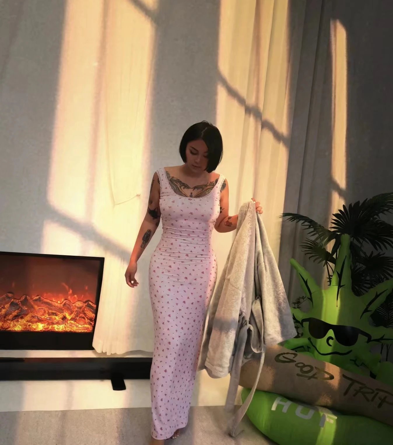 Light Pink Floral Print Sleeveless Maxi Dress