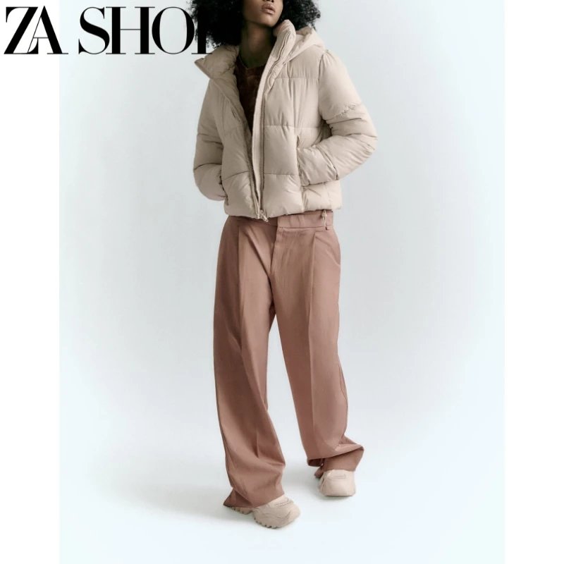 ZA Shop Beige Cropped Puffer Jacket & Wide-Leg Trousers Outfit