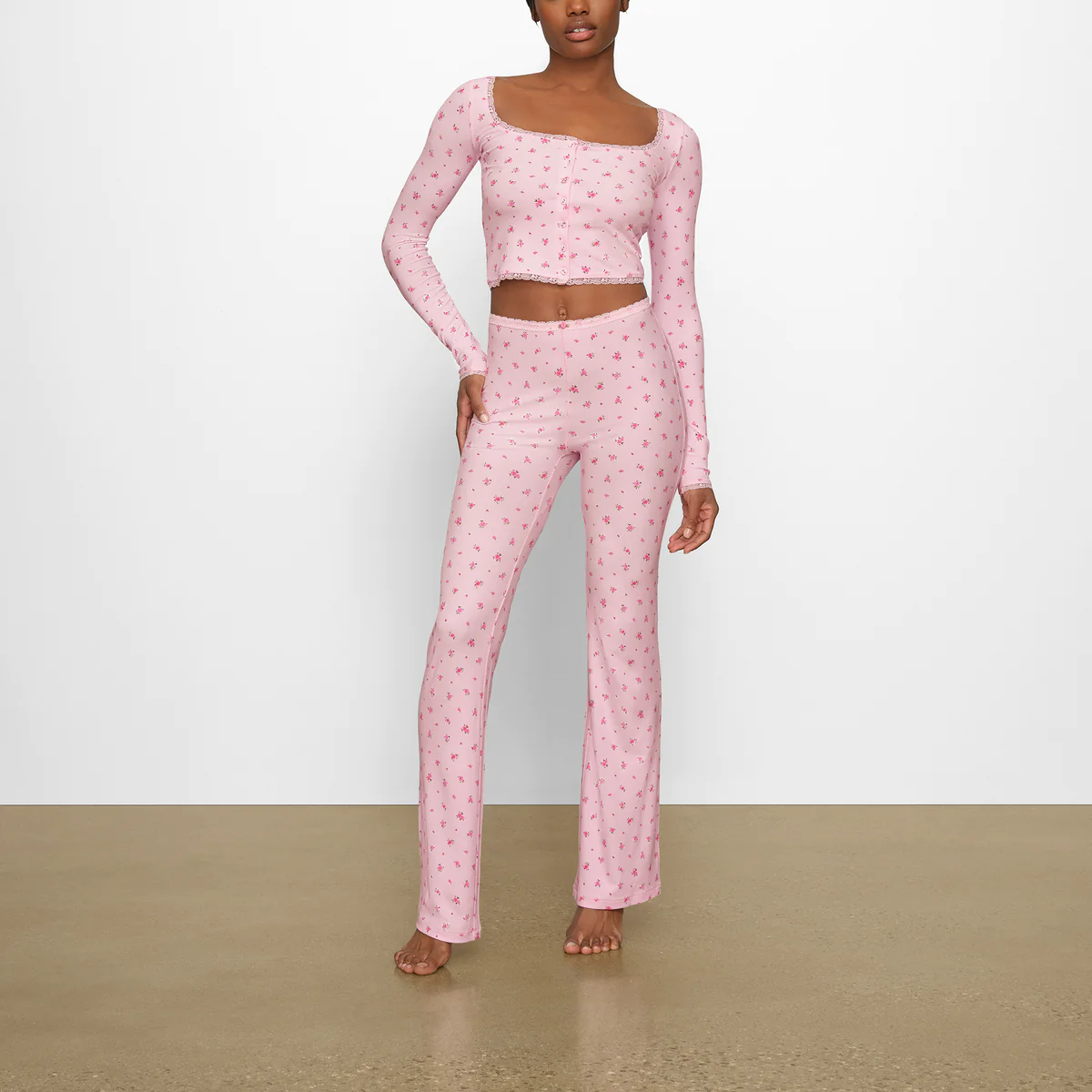 Pink Floral Print Flare Pants