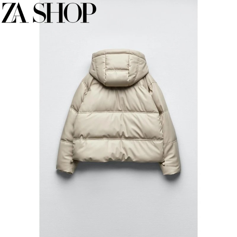 ZA Shop Black Faux Leather Hooded Puffer Jacket