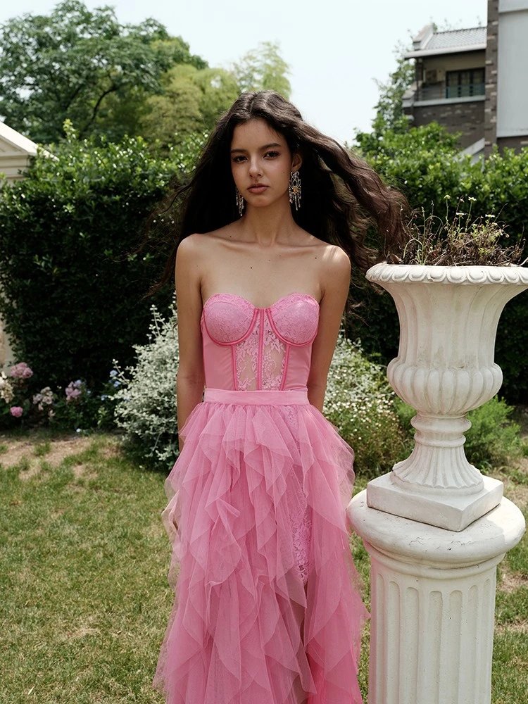Blush Pink Corset Tulle Maxi Dress