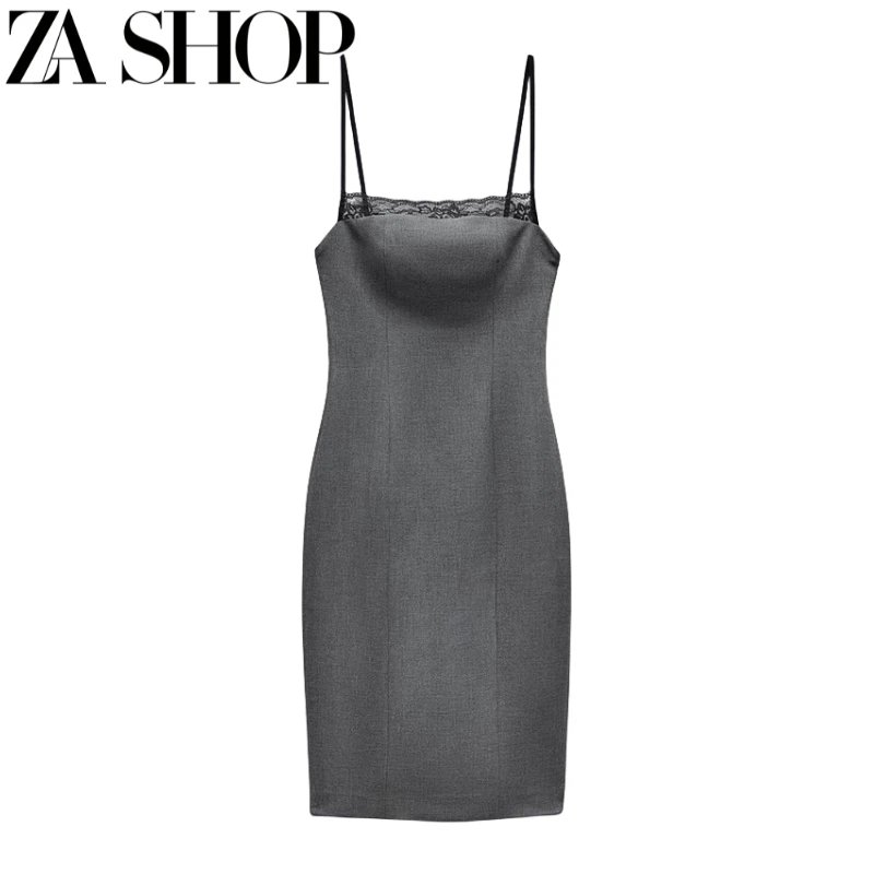 Grey Lace Trim Slip Dress