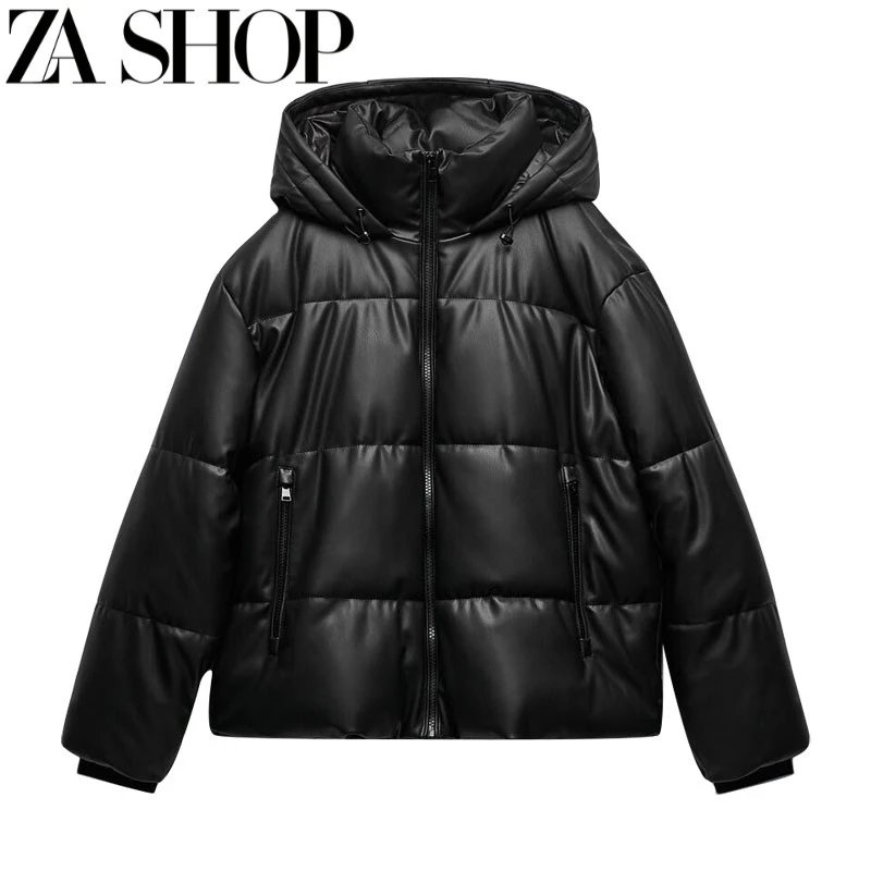 ZA Shop Black Faux Leather Hooded Puffer Jacket