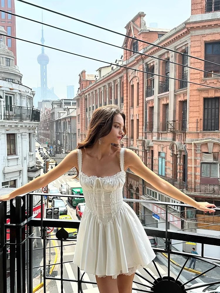 White Corset Style Mini Dress with Lace Trim