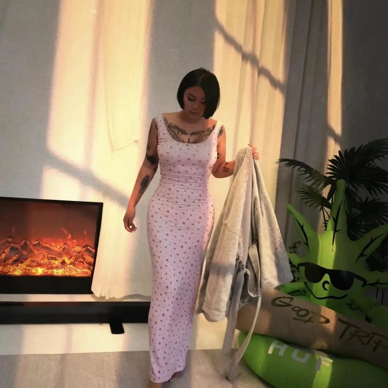 Light Pink Floral Print Sleeveless Maxi Dress