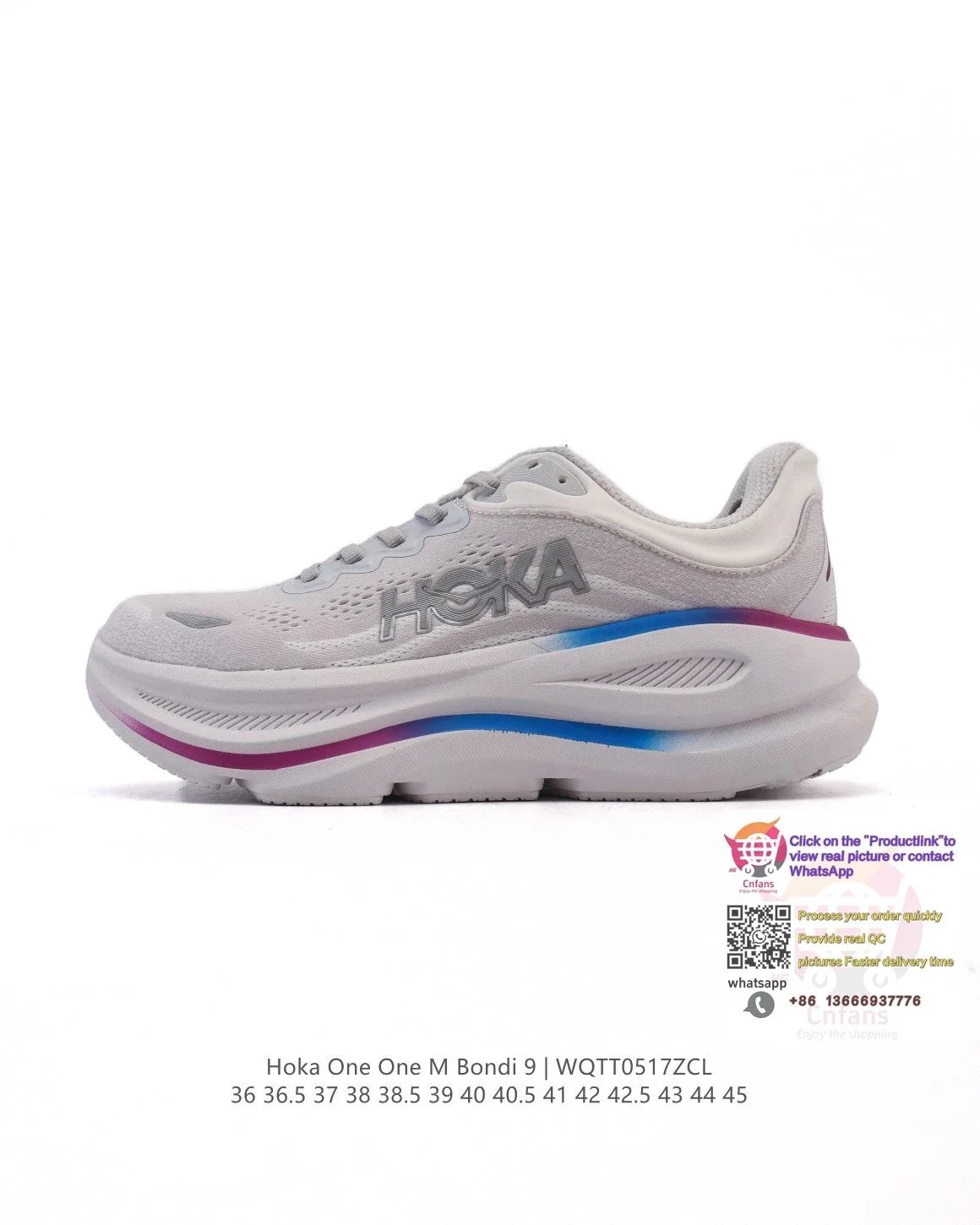 Hoka One One Hoka One One M Bondi 9 Sneakers in Light Grey with Blue and Pink Accents Grey
