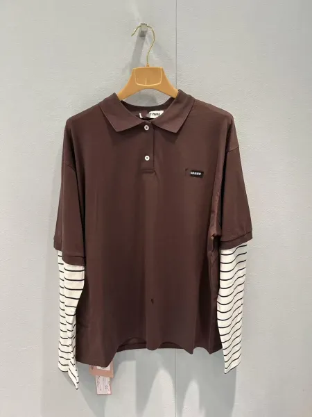 Miu Miu Layered Sleeve Polo Shirt Brown Tops Polo - 1