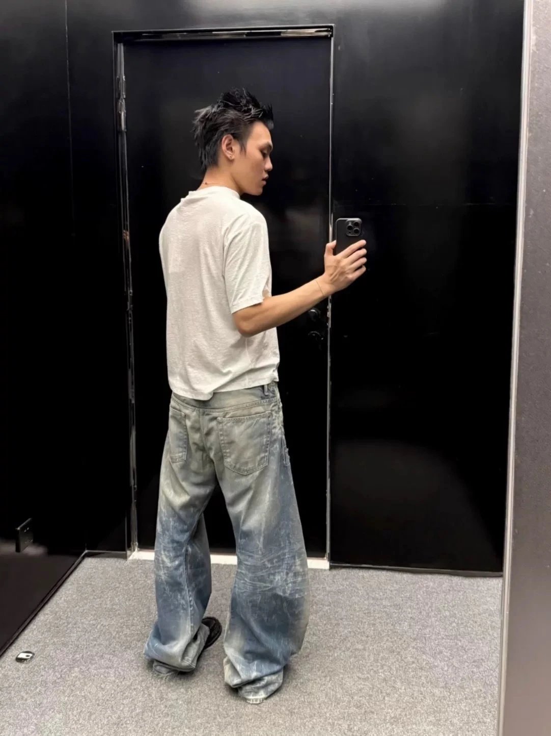 Acne Studios Pinstripe Wide-Leg Trousers with Denim Waistband Black Pants - 12
